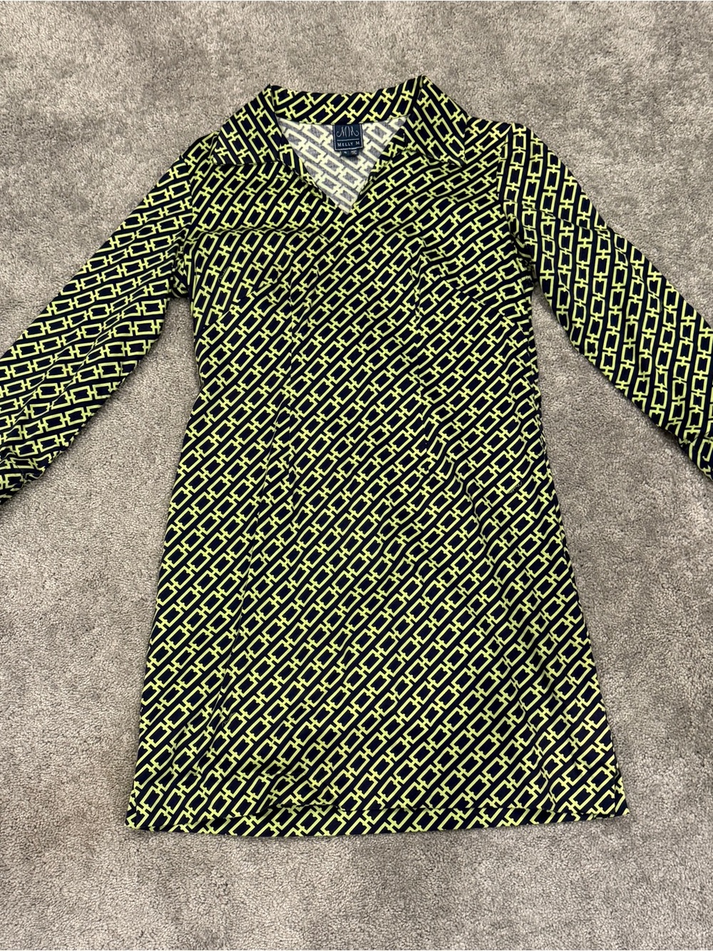 Melly M Neon Yellow & Black Geometric Chain-Print Long Sleeve Dress